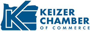 Keizer Chamber of. Commerce Logo - a blue letter K fixed inside the shape of the state of Oregon